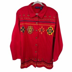VTG CST Blues Red Southwestern Aztec Embroidered Sweater Jacket Size 1X